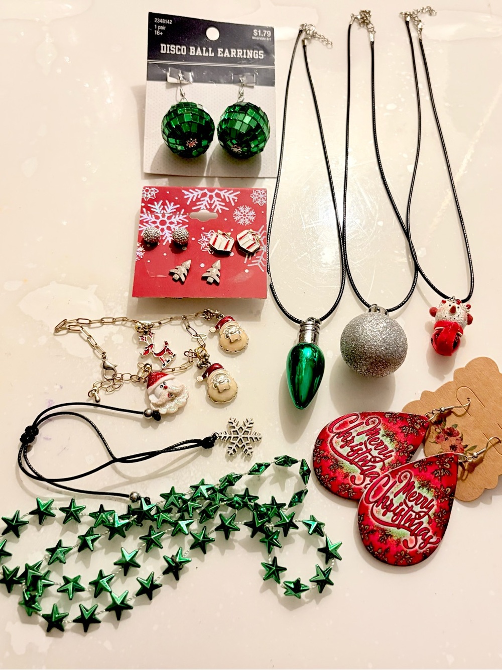 Festive Green Disco Ball Earrings Bracelet & Ornaments Necklace Set of 11pc NWOT